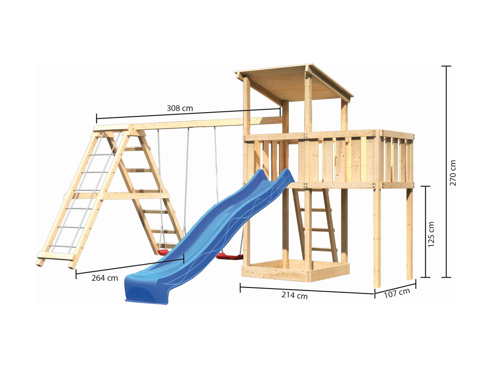 Karibu Spielturm Anna + Rutsche blau + Doppelschaukelanbau Klettergerüst + Anbauplattform