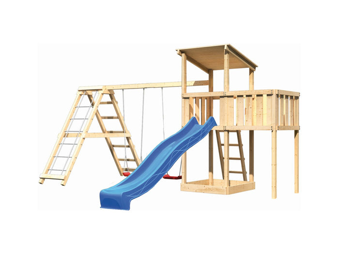 Karibu Spielturm Anna + Rutsche blau + Doppelschaukelanbau Klettergerüst + Anbauplattform