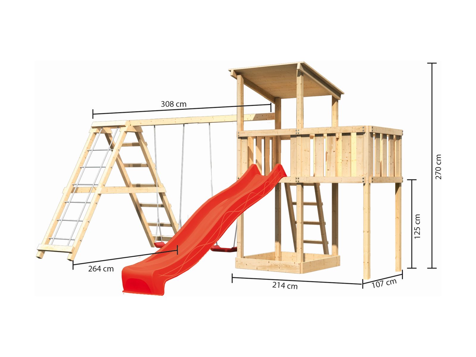 Karibu Spielturm Anna + Rutsche rot + Doppelschaukelanbau Klettergerüst + Anbauplattform