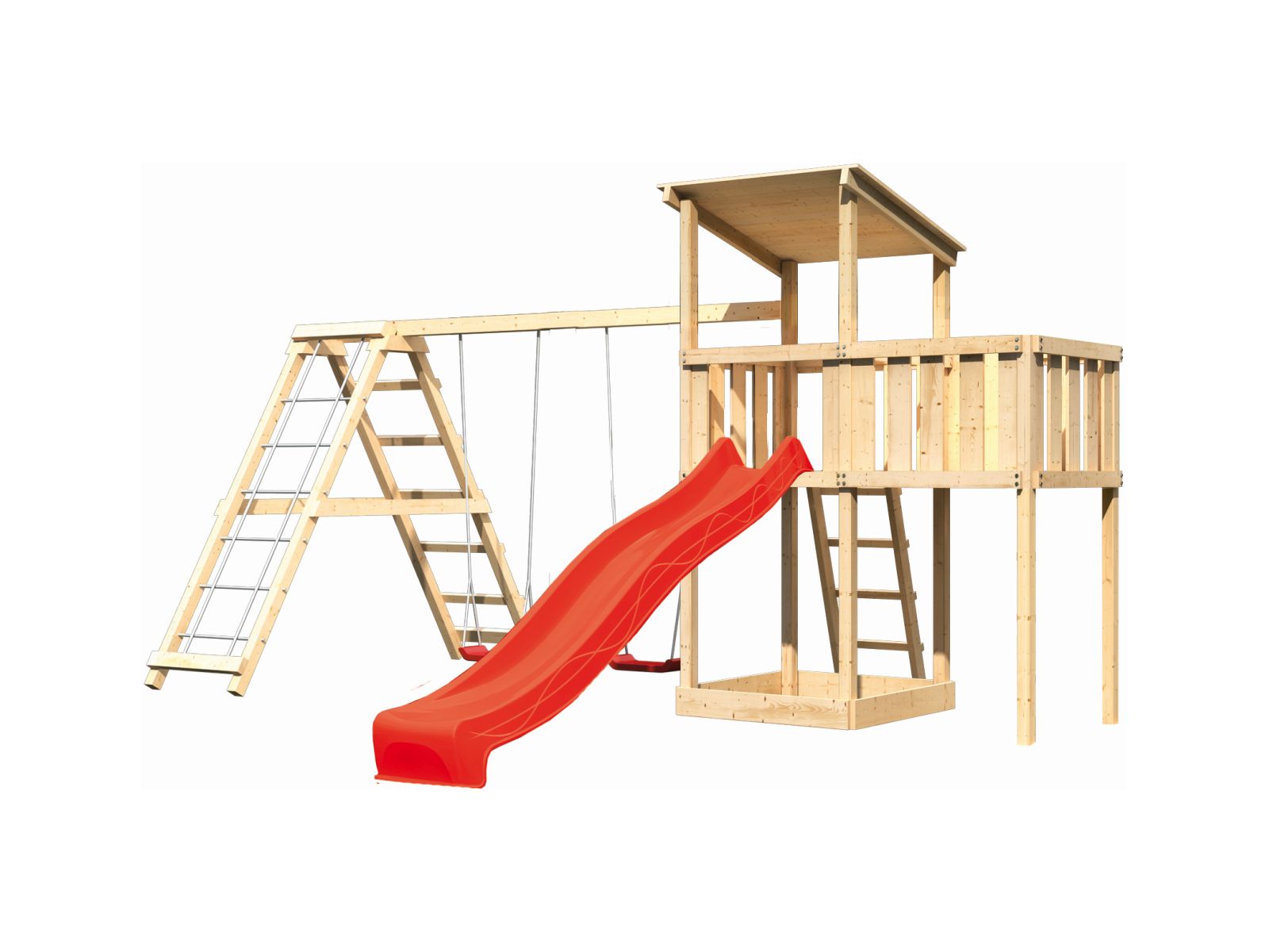 Karibu Spielturm Anna + Rutsche rot + Doppelschaukelanbau Klettergerüst + Anbauplattform
