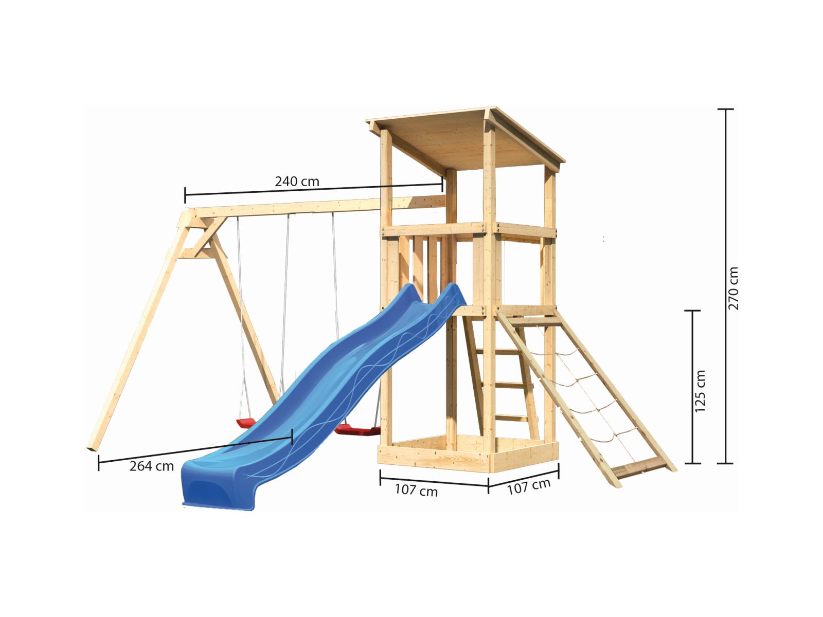 Karibu Spielturm Anna + Rutsche blau + Doppelschaukel + Netzrampe