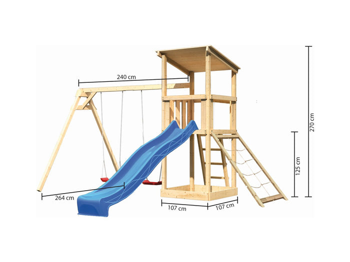 Karibu Spielturm Anna + Rutsche blau + Doppelschaukel + Netzrampe