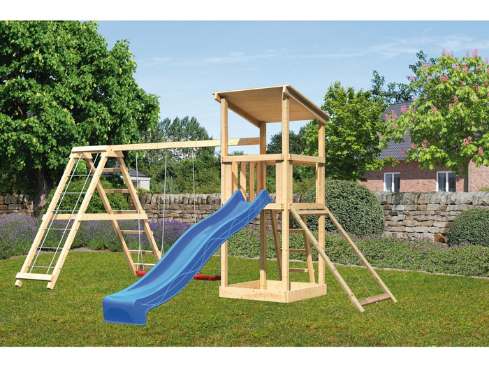 Karibu Spielturm Anna + Rutsche blau + Doppelschaukelanbau Klettergerüst + Netzrampe