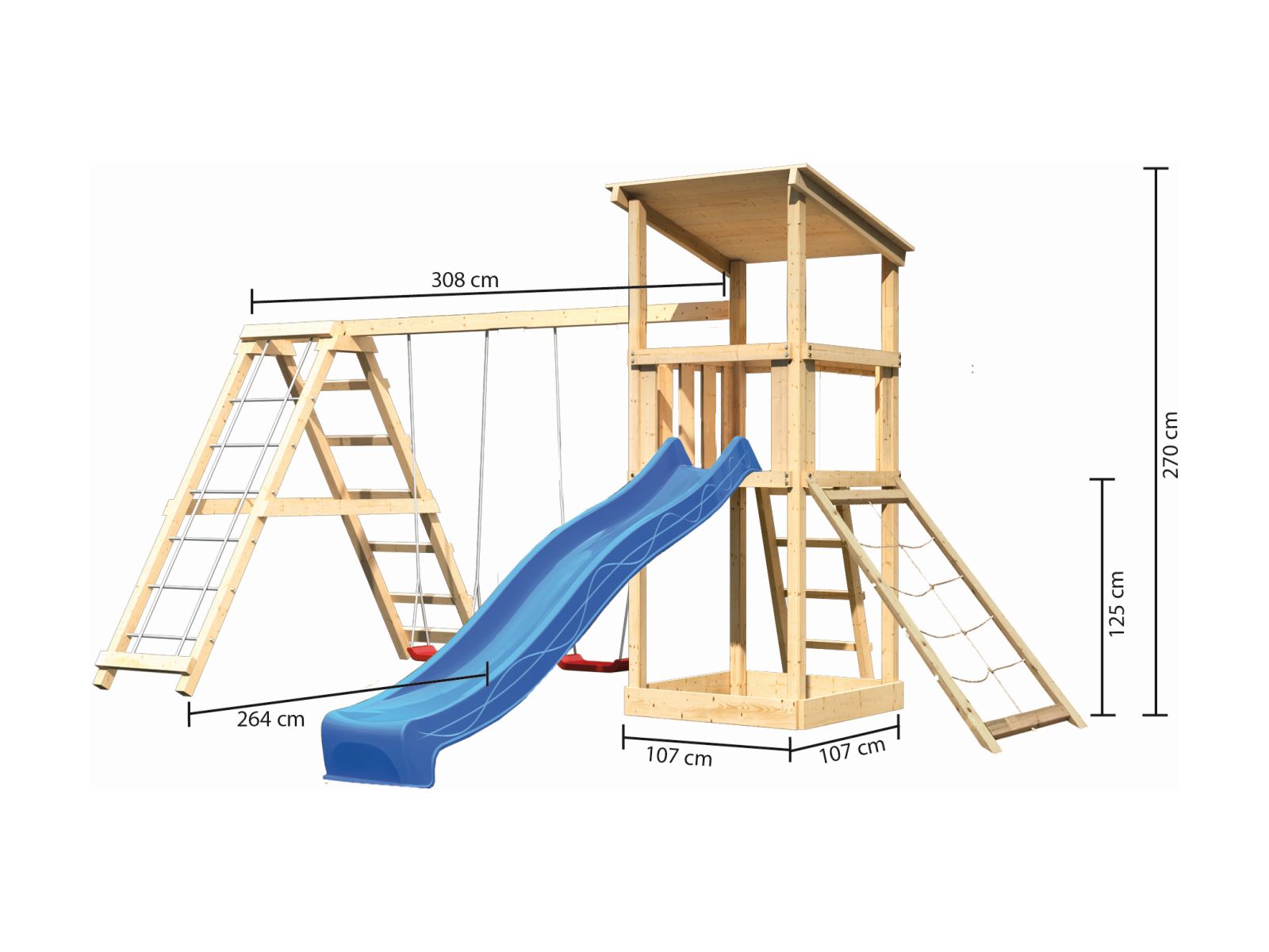 Karibu Spielturm Anna + Rutsche blau + Doppelschaukelanbau Klettergerüst + Netzrampe