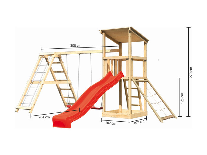 Karibu Spielturm Anna + Rutsche rot + Doppelschaukelanbau Klettergerüst + Netzrampe