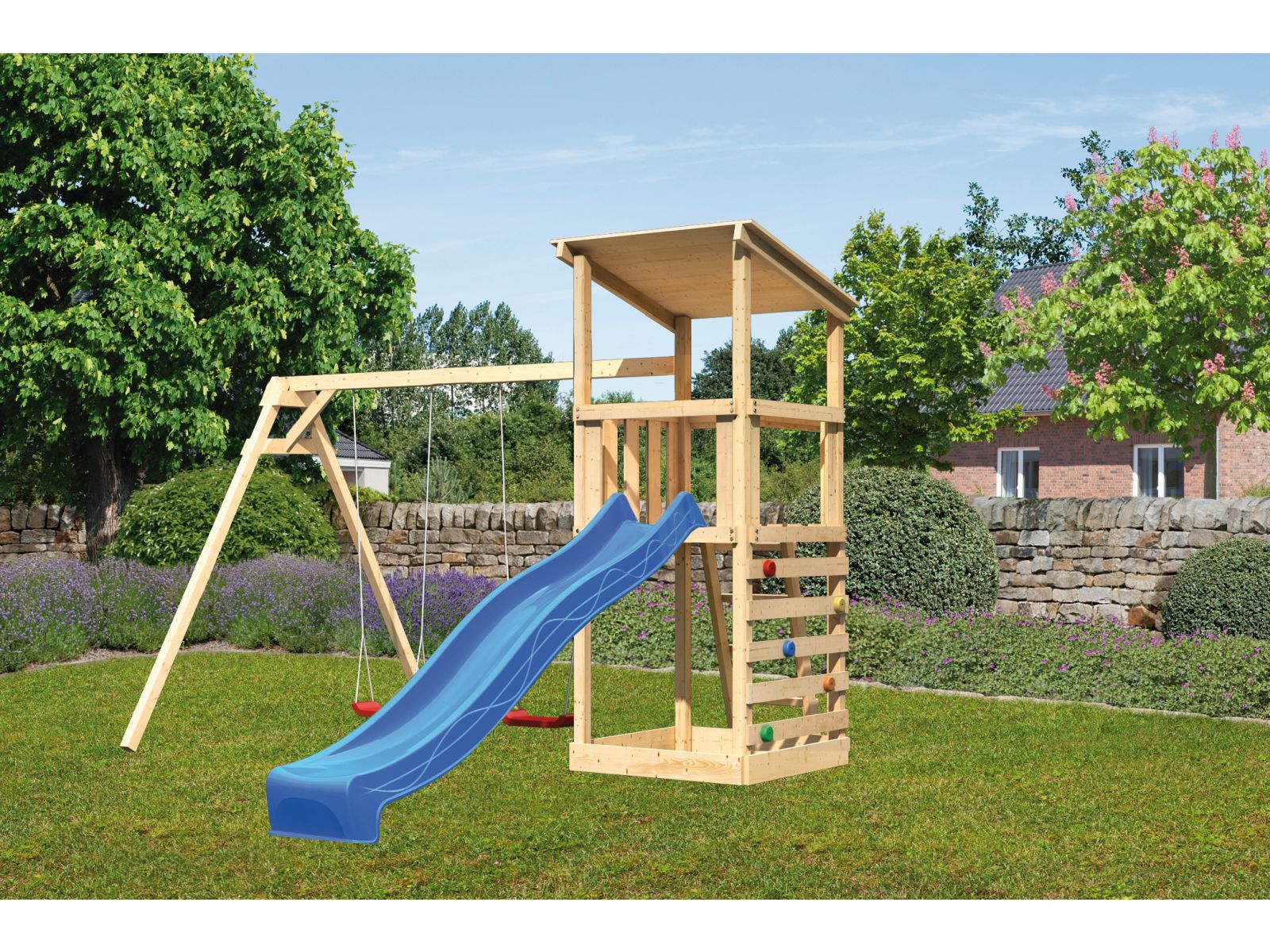Karibu Spielturm Anna + Rutsche blau + Doppelschaukel + Kletterwand