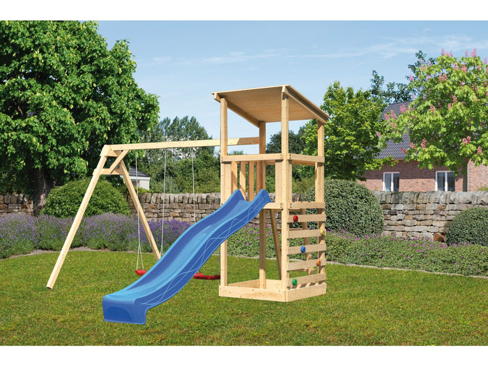 Karibu Spielturm Anna + Rutsche blau + Doppelschaukel + Kletterwand
