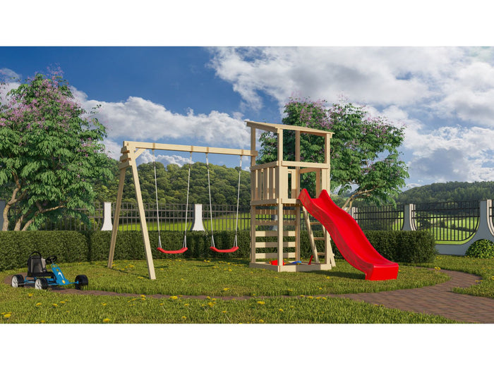 Karibu Spielturm Anna + Rutsche rot + Doppelschaukel + Kletterwand