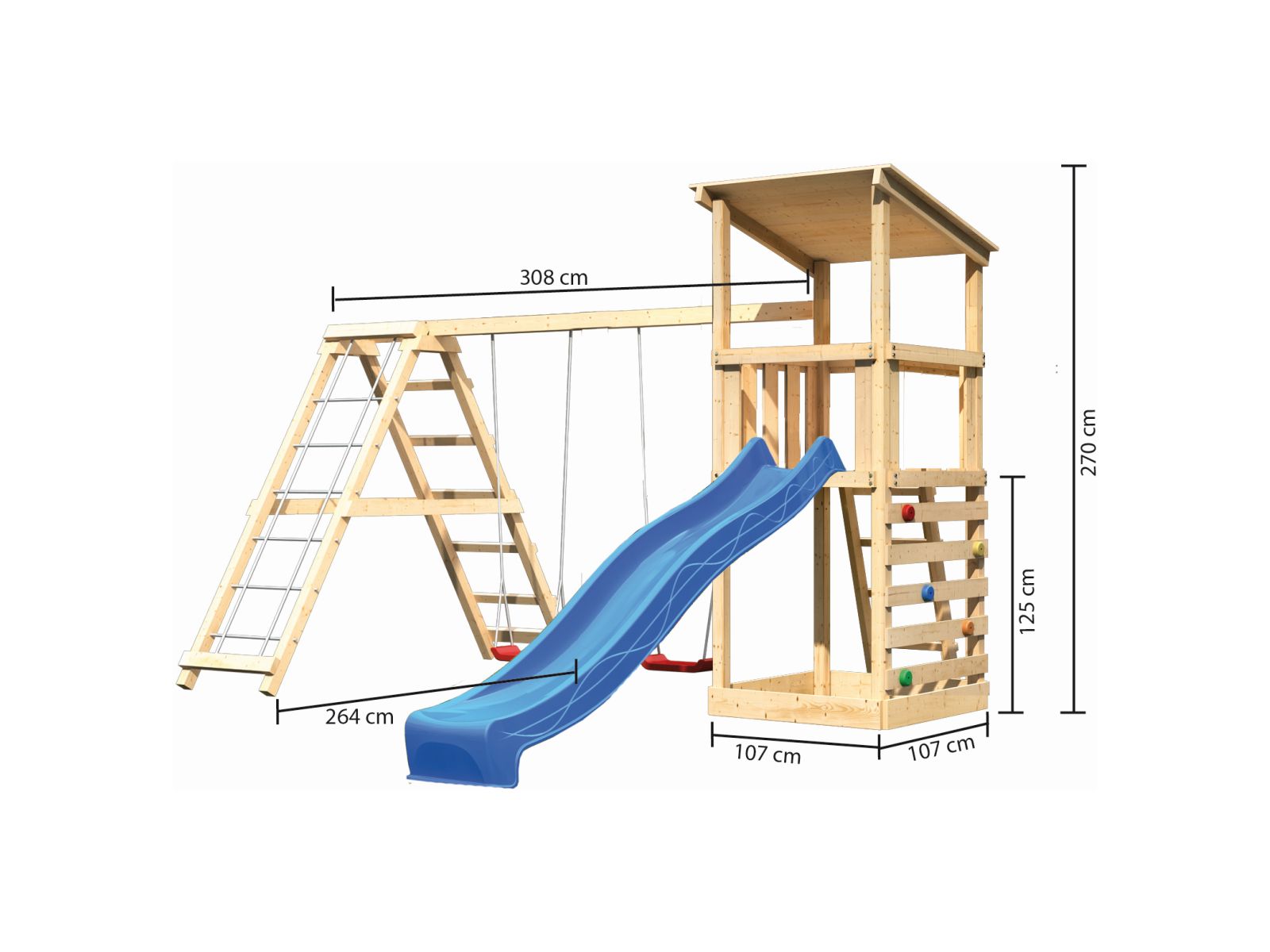 Karibu Spielturm Anna + Rutsche blau + Doppelschaukelanbau Klettergerüst + Kletterwand