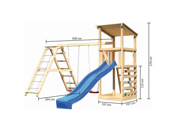 Karibu Spielturm Anna + Rutsche blau + Doppelschaukelanbau Klettergerüst + Kletterwand