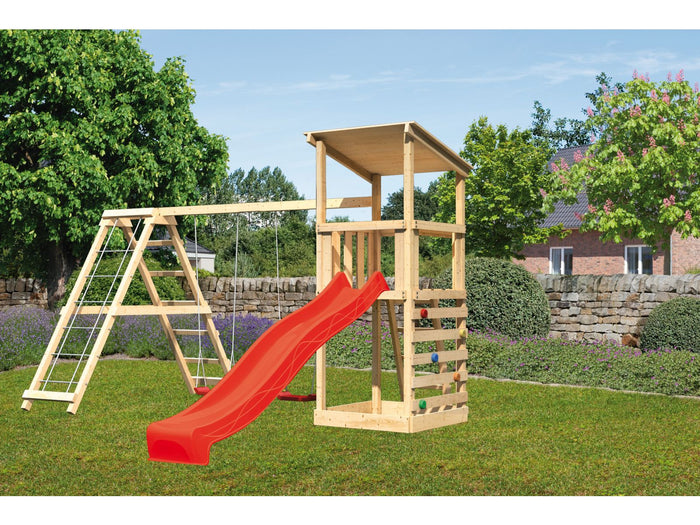 Karibu Spielturm Anna + Rutsche rot + Doppelschaukelanbau Klettergerüst + Kletterwand