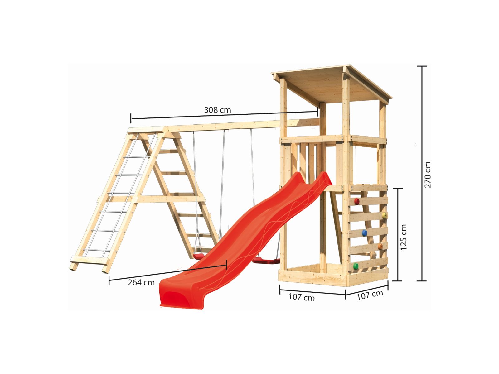 Karibu Spielturm Anna + Rutsche rot + Doppelschaukelanbau Klettergerüst + Kletterwand