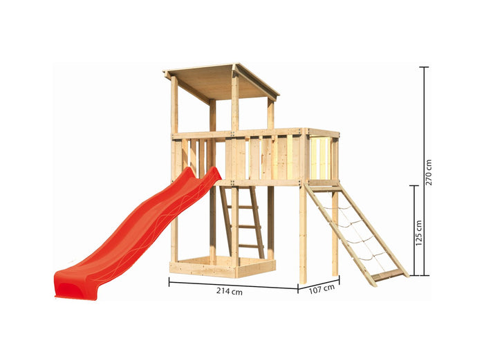 Karibu Spielturm Anna + Rutsche rot + Anbauplattform + Netzrampe