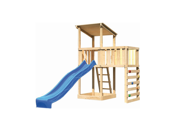 Karibu Spielturm Anna + Rutsche blau + Anbauplattform + Kletterwand