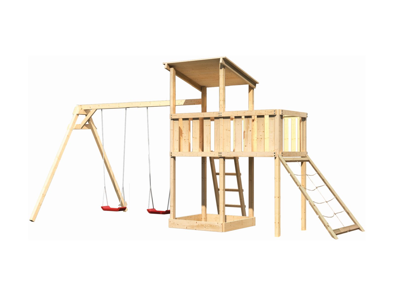 Karibu Spielturm Anna + Doppelschaukel + Anbauplattform + Netzrampe