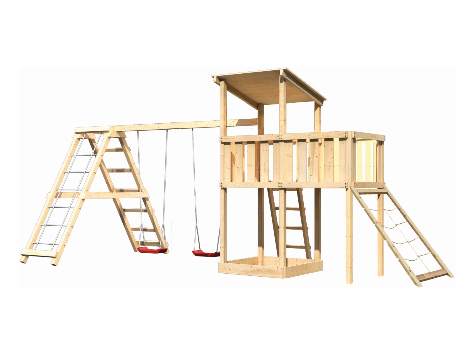 Karibu Spielturm Anna + Doppelschaukelanbau Klettergerüst + Anbauplattform + Netzrampe