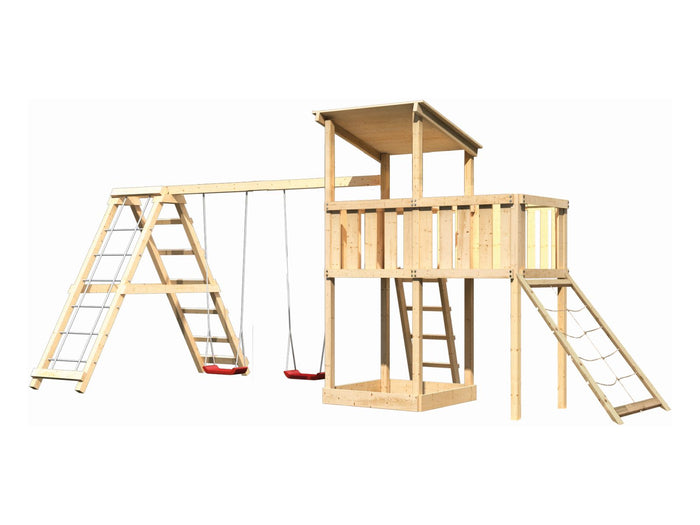 Karibu Spielturm Anna + Doppelschaukelanbau Klettergerüst + Anbauplattform + Netzrampe
