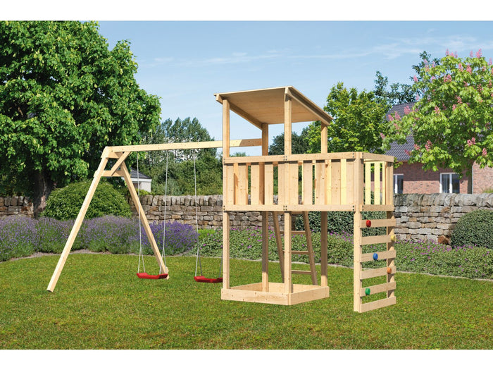 Karibu Spielturm Anna + Doppelschaukel + Anbauplattform + Kletterwand