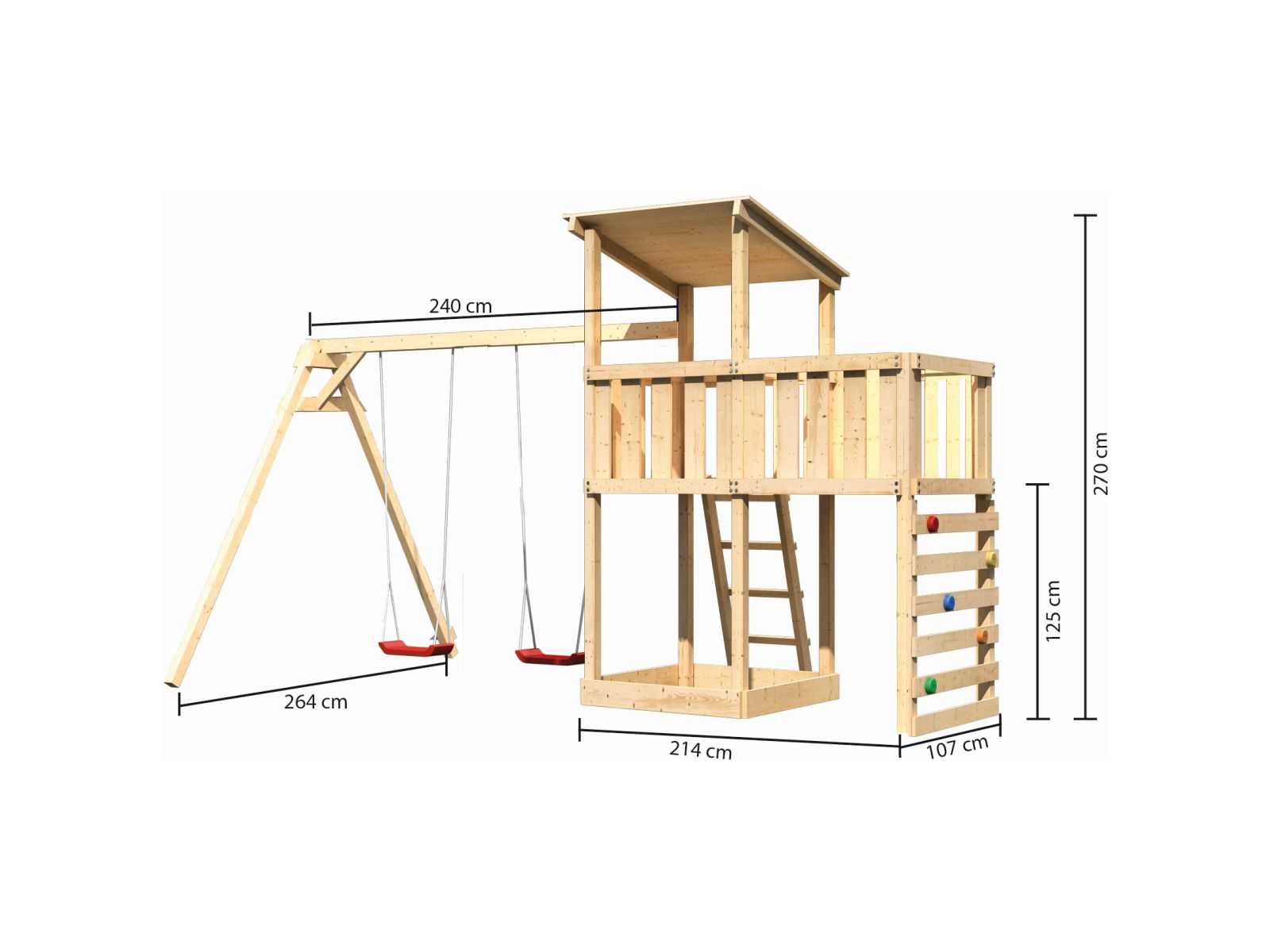 Karibu Spielturm Anna + Doppelschaukel + Anbauplattform + Kletterwand
