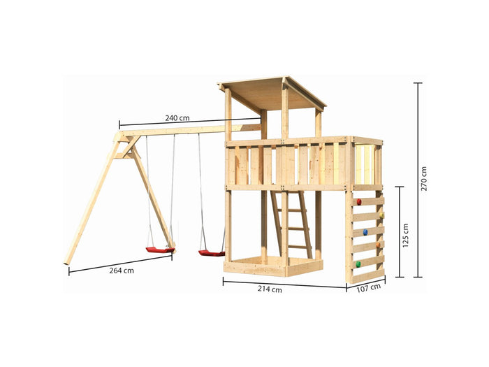 Karibu Spielturm Anna + Doppelschaukel + Anbauplattform + Kletterwand
