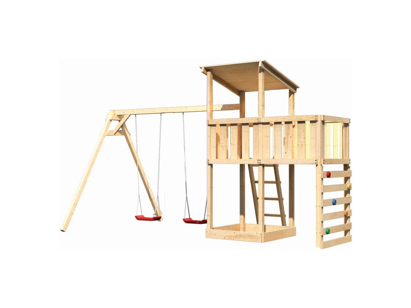Karibu Spielturm Anna + Doppelschaukel + Anbauplattform + Kletterwand