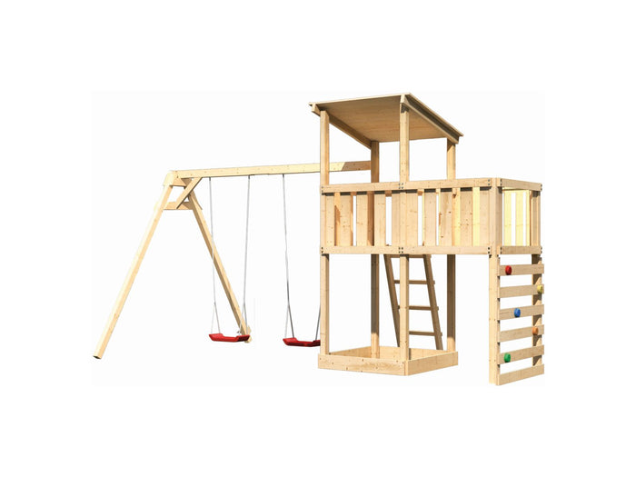 Karibu Spielturm Anna + Doppelschaukel + Anbauplattform + Kletterwand