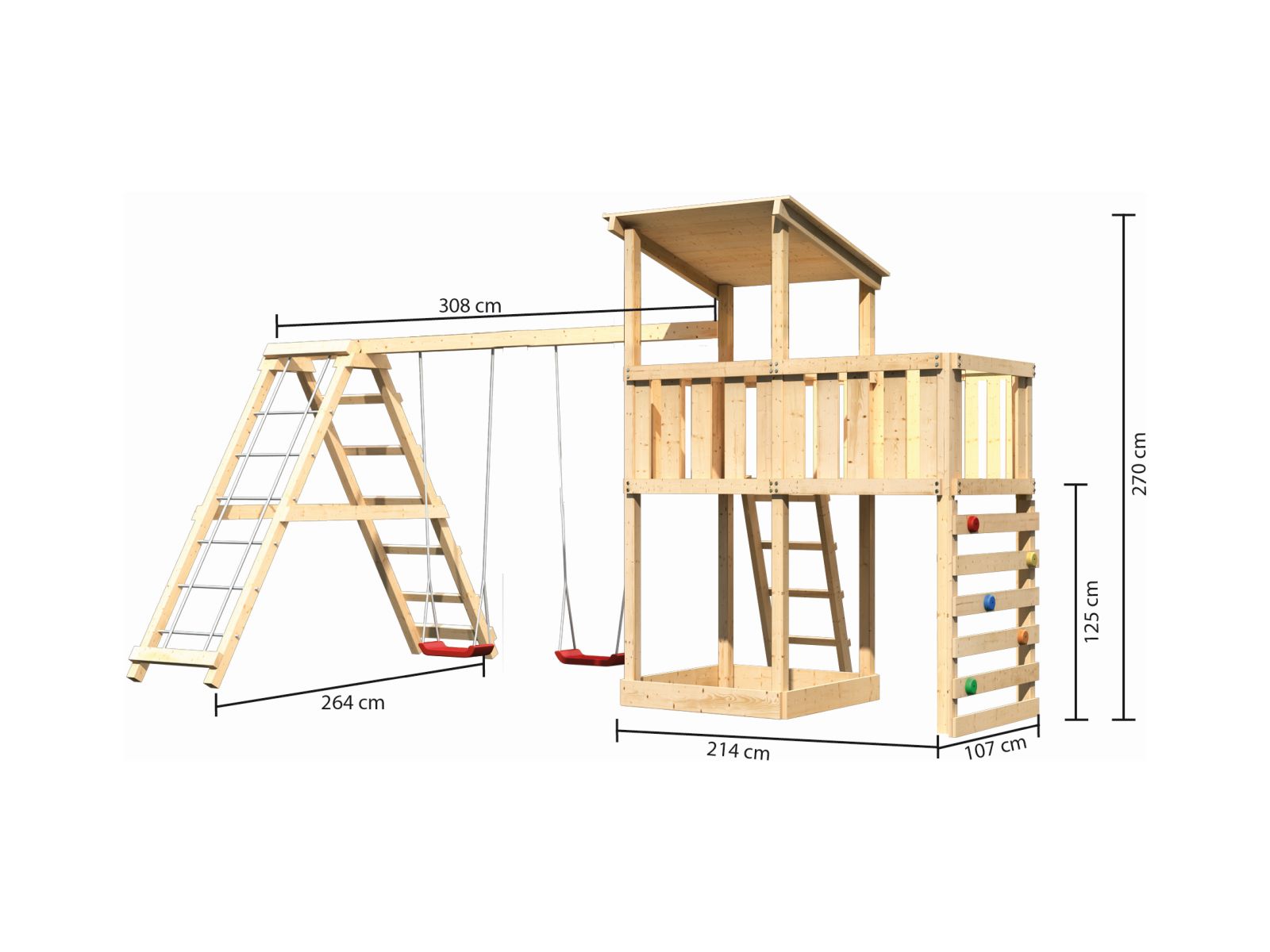 Karibu Spielturm Anna + Doppelschaukelanbau Klettergerüst + Anbauplattform + Kletterwand