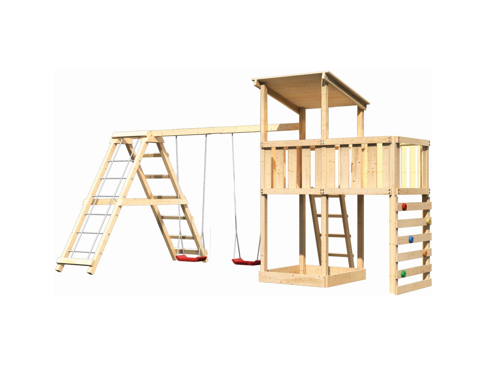 Karibu Spielturm Anna + Doppelschaukelanbau Klettergerüst + Anbauplattform + Kletterwand