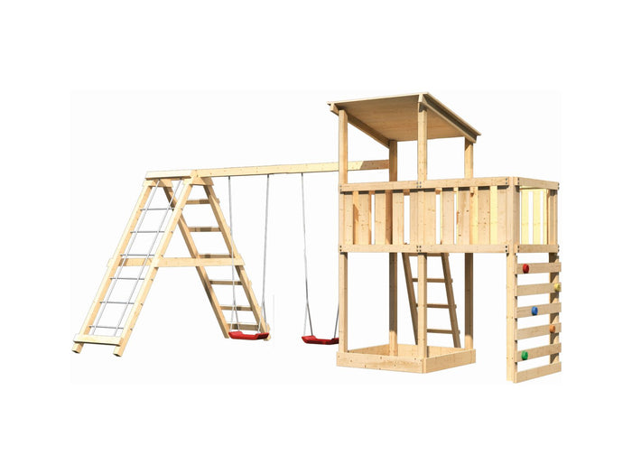 Karibu Spielturm Anna + Doppelschaukelanbau Klettergerüst + Anbauplattform + Kletterwand