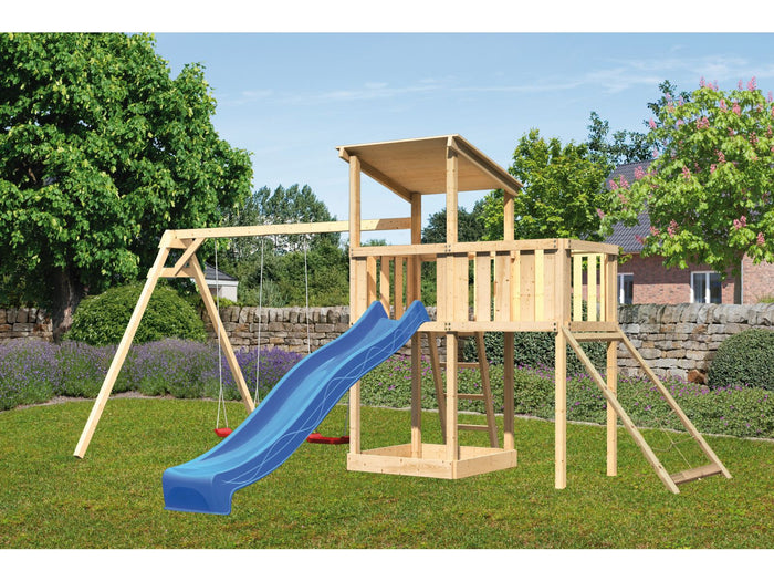 Karibu Spielturm Anna + Rutsche blau + Doppelschaukel + Anbauplattform + Netzrampe