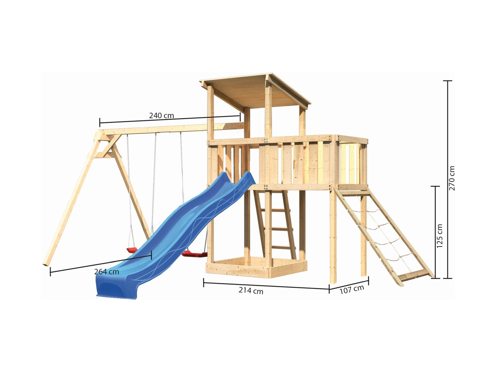 Karibu Spielturm Anna + Rutsche blau + Doppelschaukel + Anbauplattform + Netzrampe