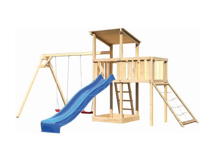 Karibu Spielturm Anna + Rutsche blau + Doppelschaukel + Anbauplattform + Netzrampe