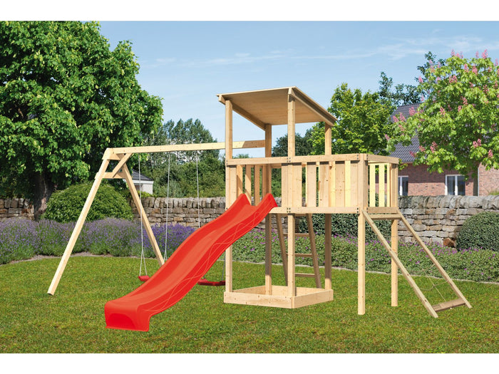 Karibu Spielturm Anna + Rutsche rot + Doppelschaukel + Anbauplattform + Netzrampe