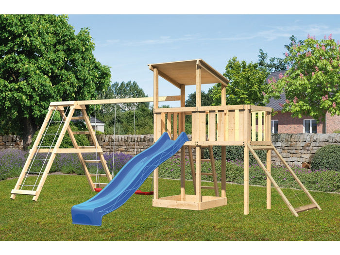 Karibu Spielturm Anna + Rutsche blau + Doppelschaukelanbau Klettergerüst + Anbauplattform + Netzramp