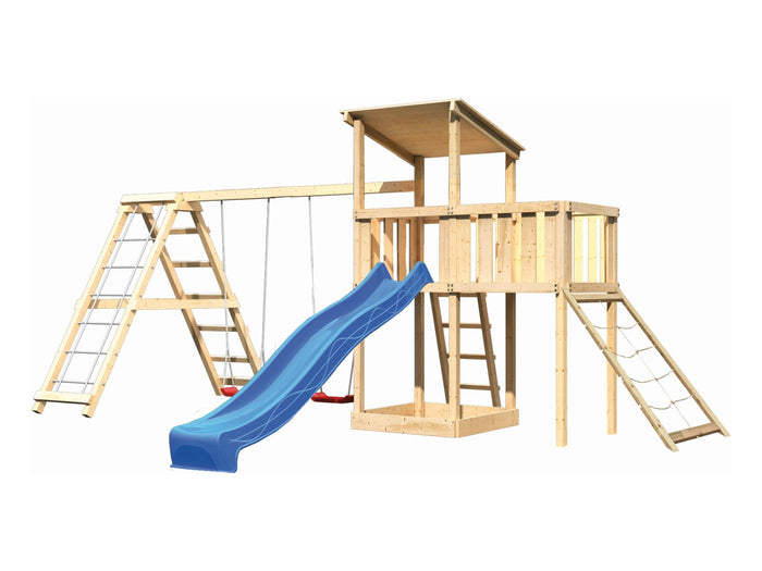 Karibu Spielturm Anna + Rutsche blau + Doppelschaukelanbau Klettergerüst + Anbauplattform + Netzramp