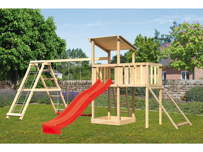 Karibu Spielturm Anna + Rutsche rot + Doppelschaukelanbau Klettergerüst + Anbauplattform + Netzrampe