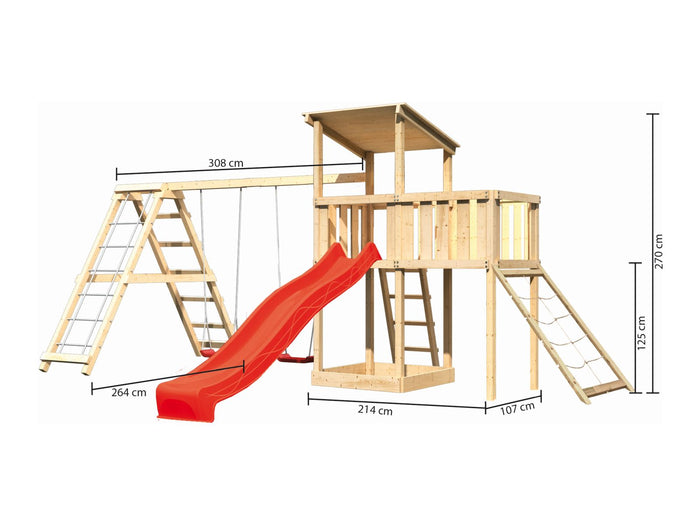 Karibu Spielturm Anna + Rutsche rot + Doppelschaukelanbau Klettergerüst + Anbauplattform + Netzrampe
