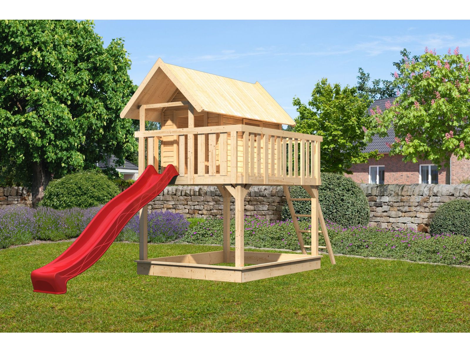 Karibu Stelzenhaus Fidel naturbelassen + Rutsche rot