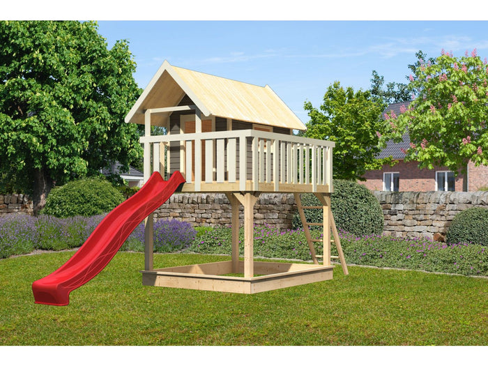 Karibu Stelzenhaus Fidel terragrau + Rutsche rot