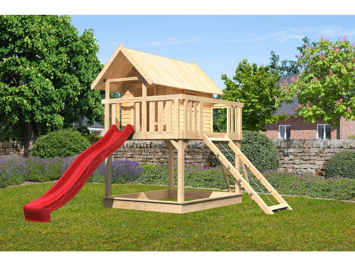 Karibu Stelzenhaus Fidel naturbelassen + Rutsche rot + Netzrampe