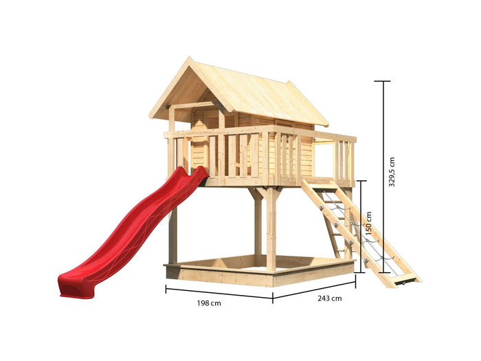 Karibu Stelzenhaus Fidel naturbelassen + Rutsche rot + Netzrampe