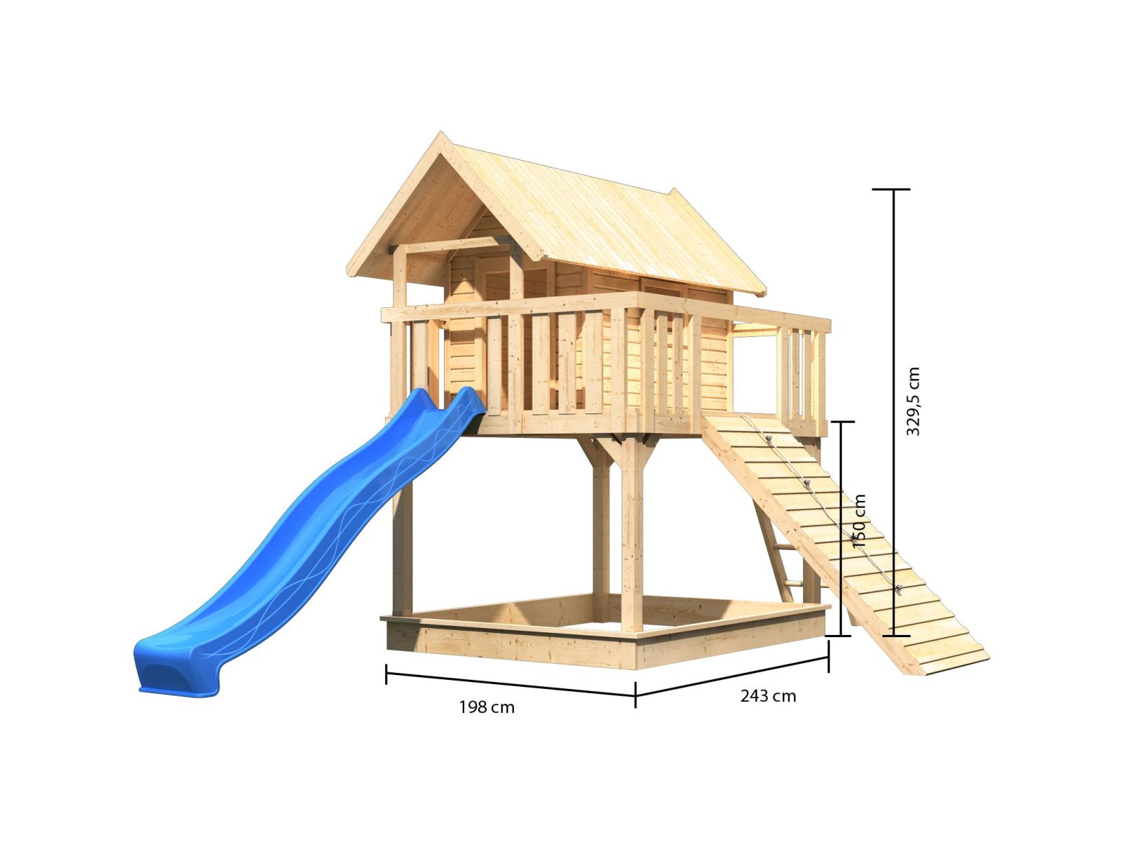 Karibu Stelzenhaus Fidel naturbelassen + Rutsche blau + Holzrampe