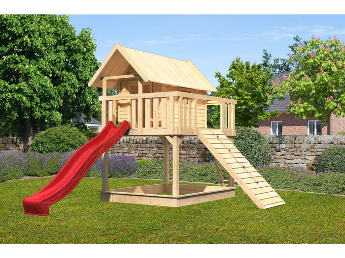 Karibu Stelzenhaus Fidel naturbelassen + Rutsche rot + Holzrampe