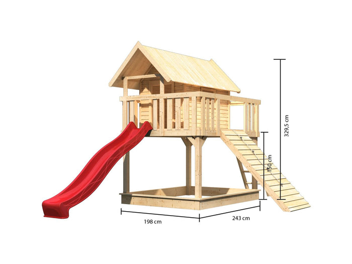 Karibu Stelzenhaus Fidel naturbelassen + Rutsche rot + Holzrampe