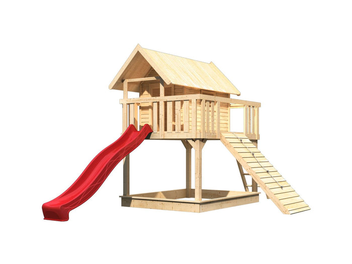 Karibu Stelzenhaus Fidel naturbelassen + Rutsche rot + Holzrampe