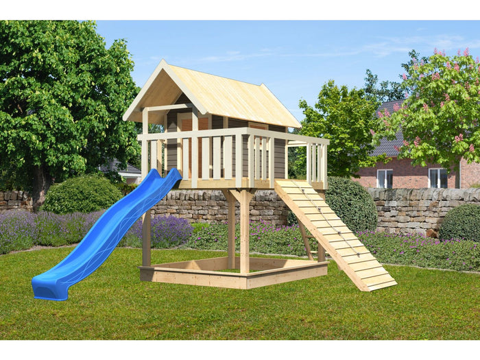 Karibu Stelzenhaus Fidel terragrau + Rutsche blau + Holzrampe