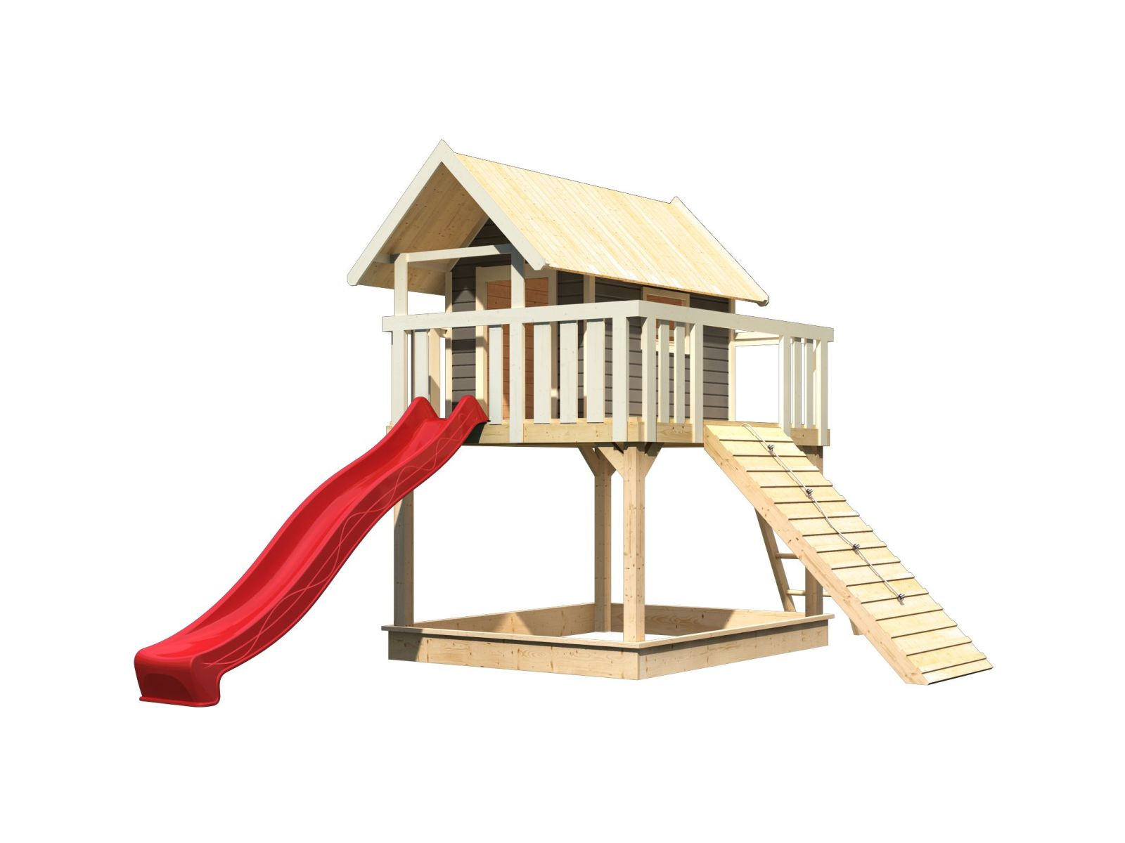 Karibu Stelzenhaus Fidel terragrau + Rutsche rot + Holzrampe