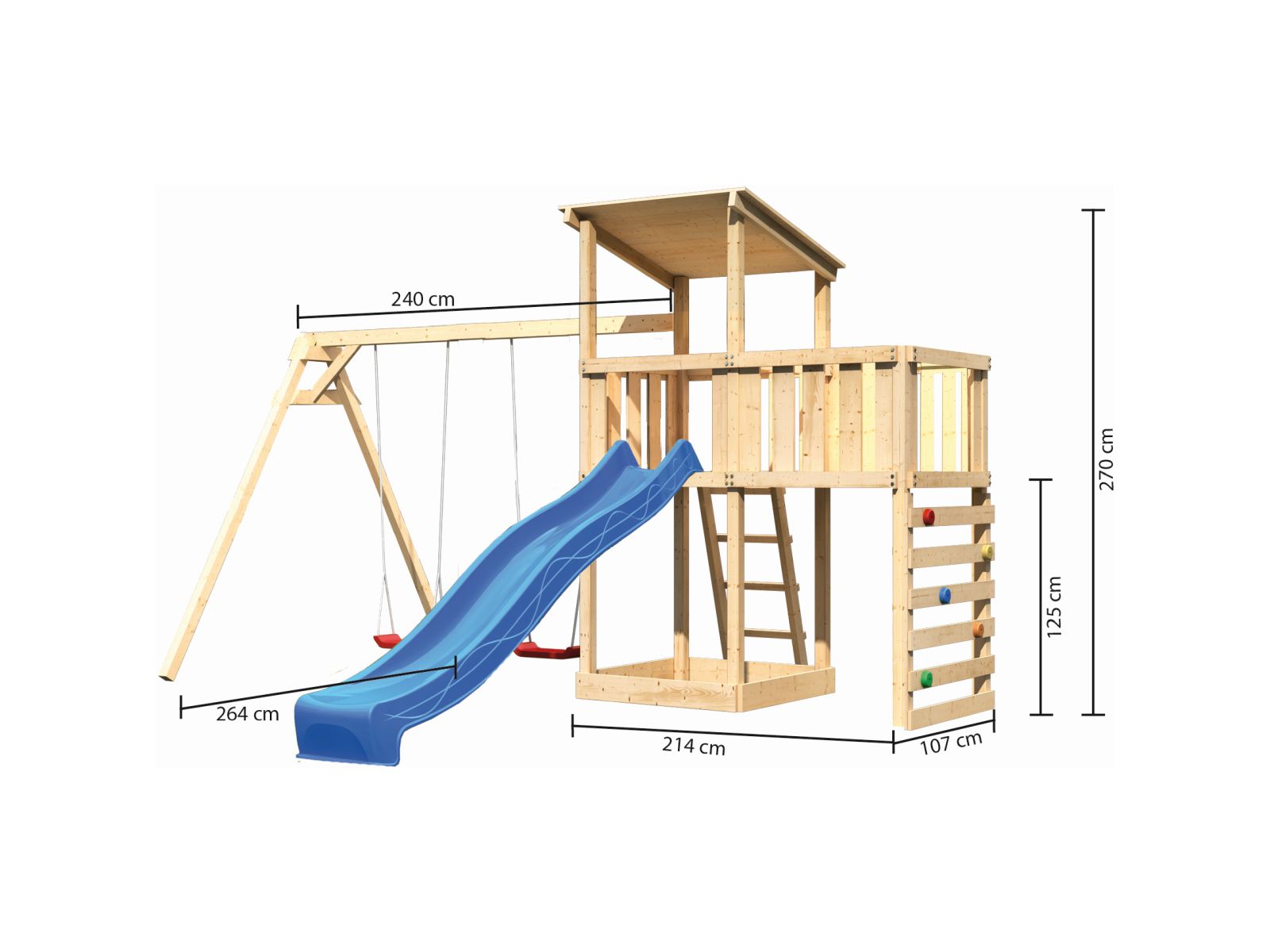 Karibu Spielturm Anna + Rutsche blau + Doppelschaukel + Anbauplattform + Kletterwand