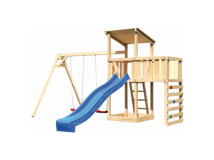 Karibu Spielturm Anna + Rutsche blau + Doppelschaukel + Anbauplattform + Kletterwand