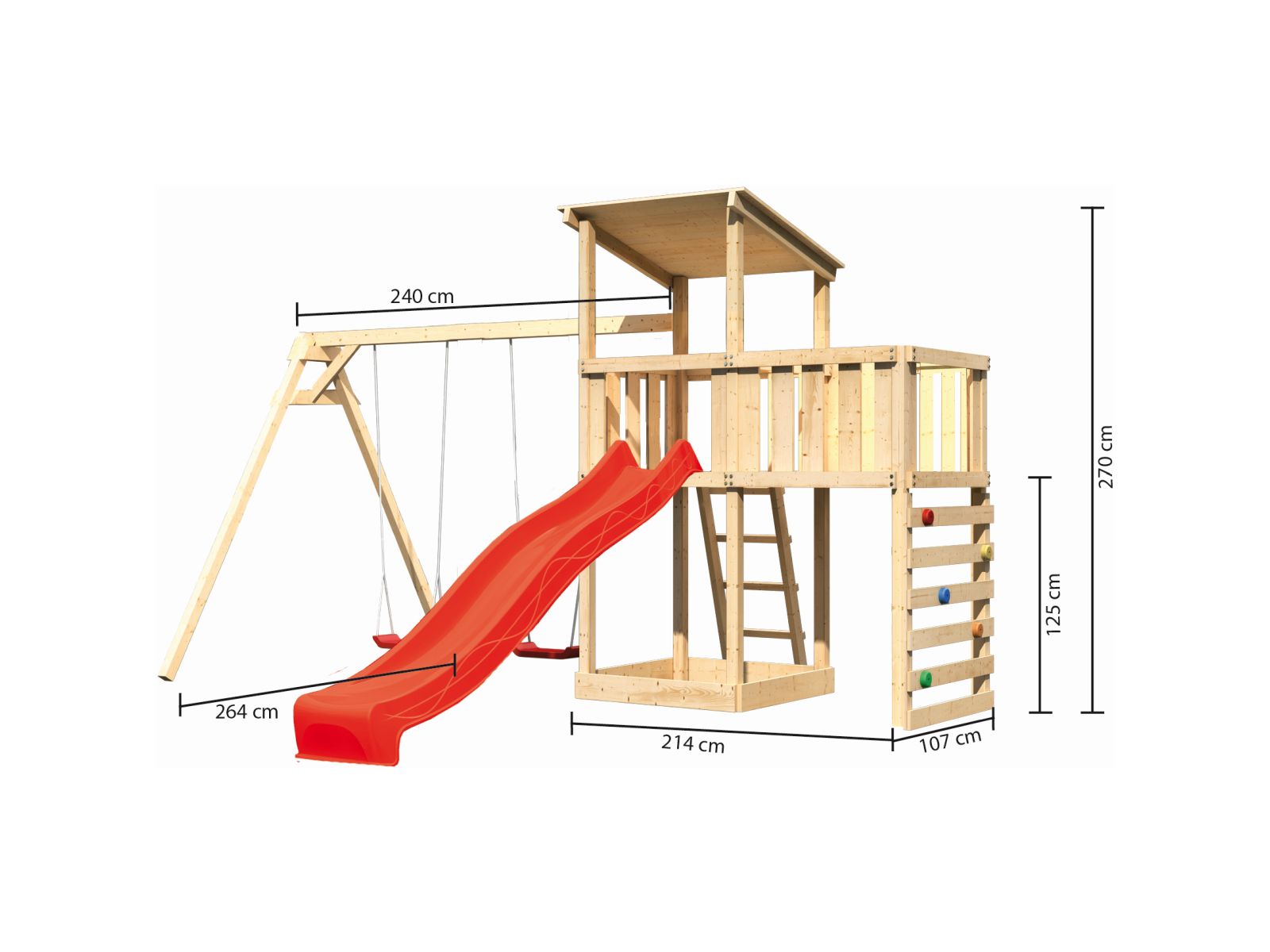 Karibu Spielturm Anna + Rutsche rot + Doppelschaukel + Anbauplattform + Kletterwand